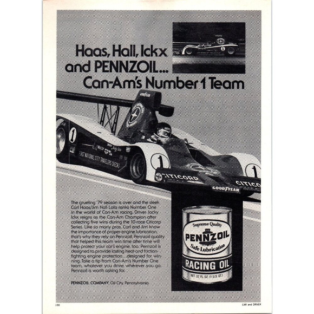 1980 Pennzoil Racing Oil Carl Hass Jim Hall Vintage Print Ad Can-Am Wall Art
